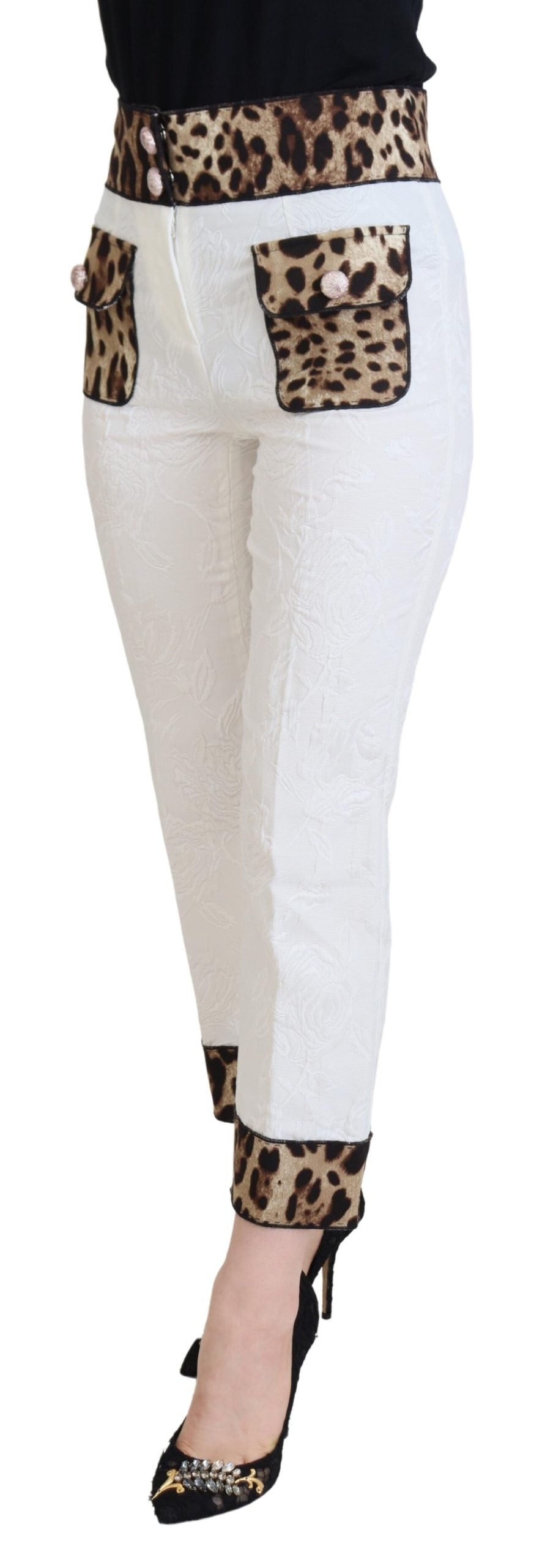 Dolce &amp; Gabbana – Weiße Hose mit hohem Bund und Leopardenmuster