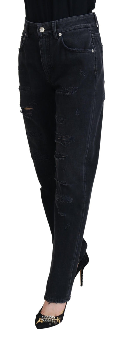 Dolce &amp; Gabbana – Zerfetzte Jeans aus schwarzer Baumwolle mit hoher Taille