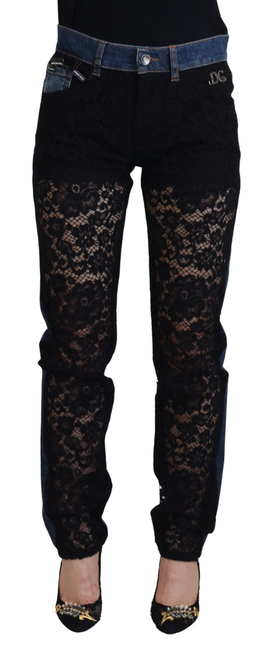 Dolce &amp; Gabbana – Schwarze Skinny-Jeans mit Blumenmuster und Spitzenfront