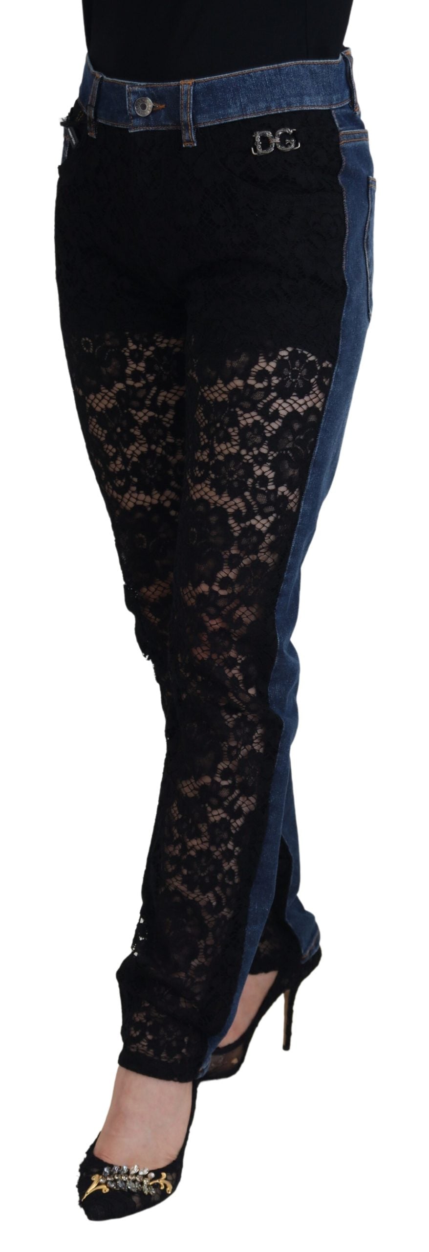 Dolce &amp; Gabbana – Schwarze Skinny-Jeans mit Blumenmuster und Spitzenfront
