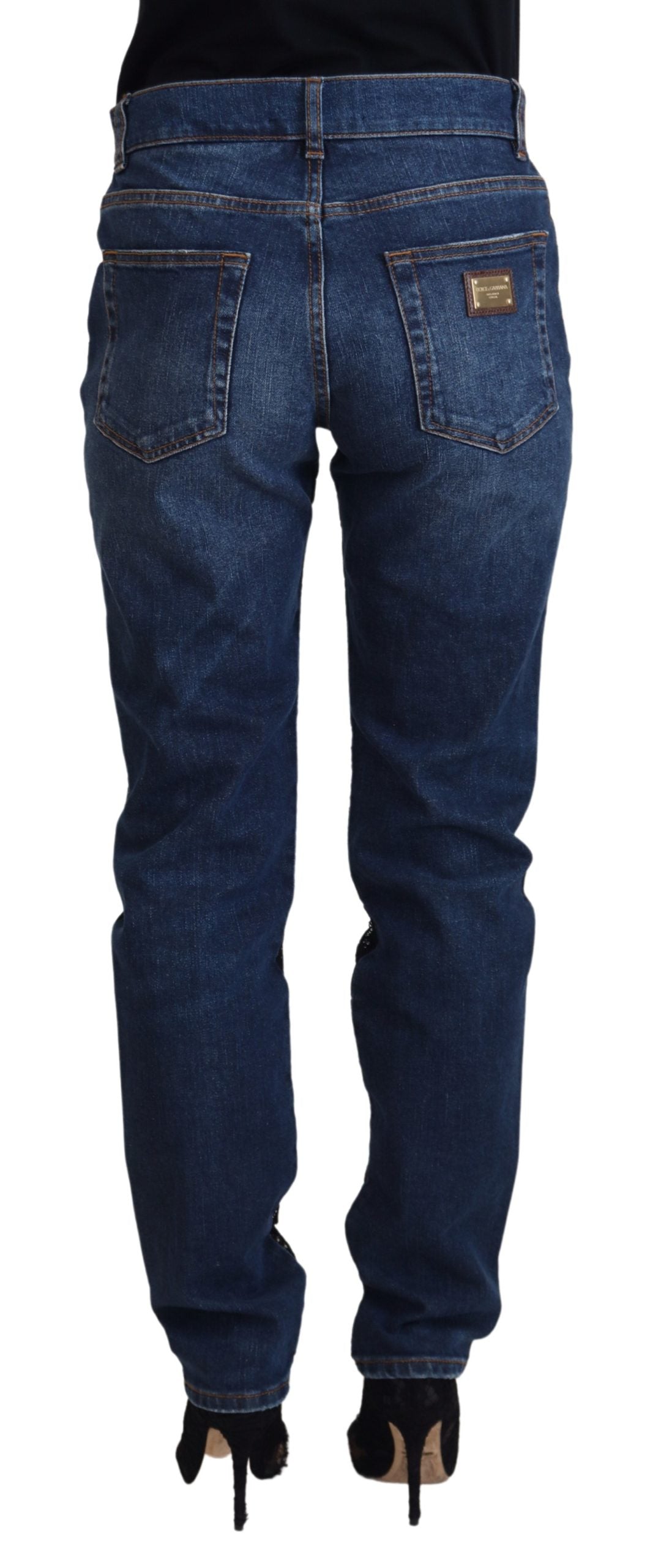 Dolce &amp; Gabbana – Schwarze Skinny-Jeans mit Blumenmuster und Spitzenfront