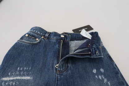 Dolce &amp; Gabbana Blue Washed Cotton Tattered Denim Jeans