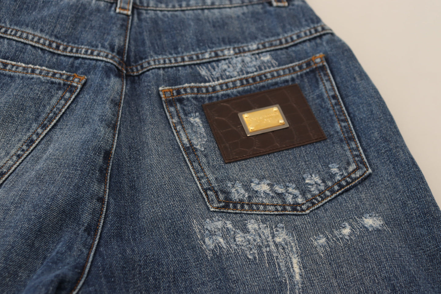 Dolce &amp; Gabbana Blue Washed Cotton Tattered Denim Jeans