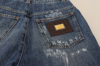 Dolce &amp; Gabbana Blue Washed Cotton Tattered Denim Jeans