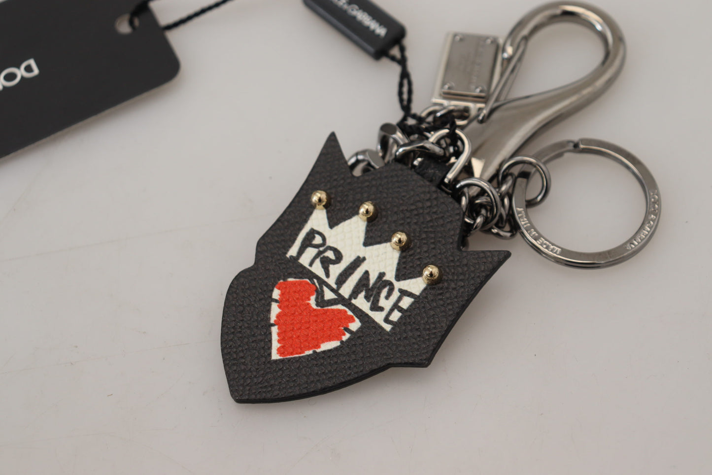 Dolce &amp; Gabbana Black Prince Studs Logo Silver Brass Keychain