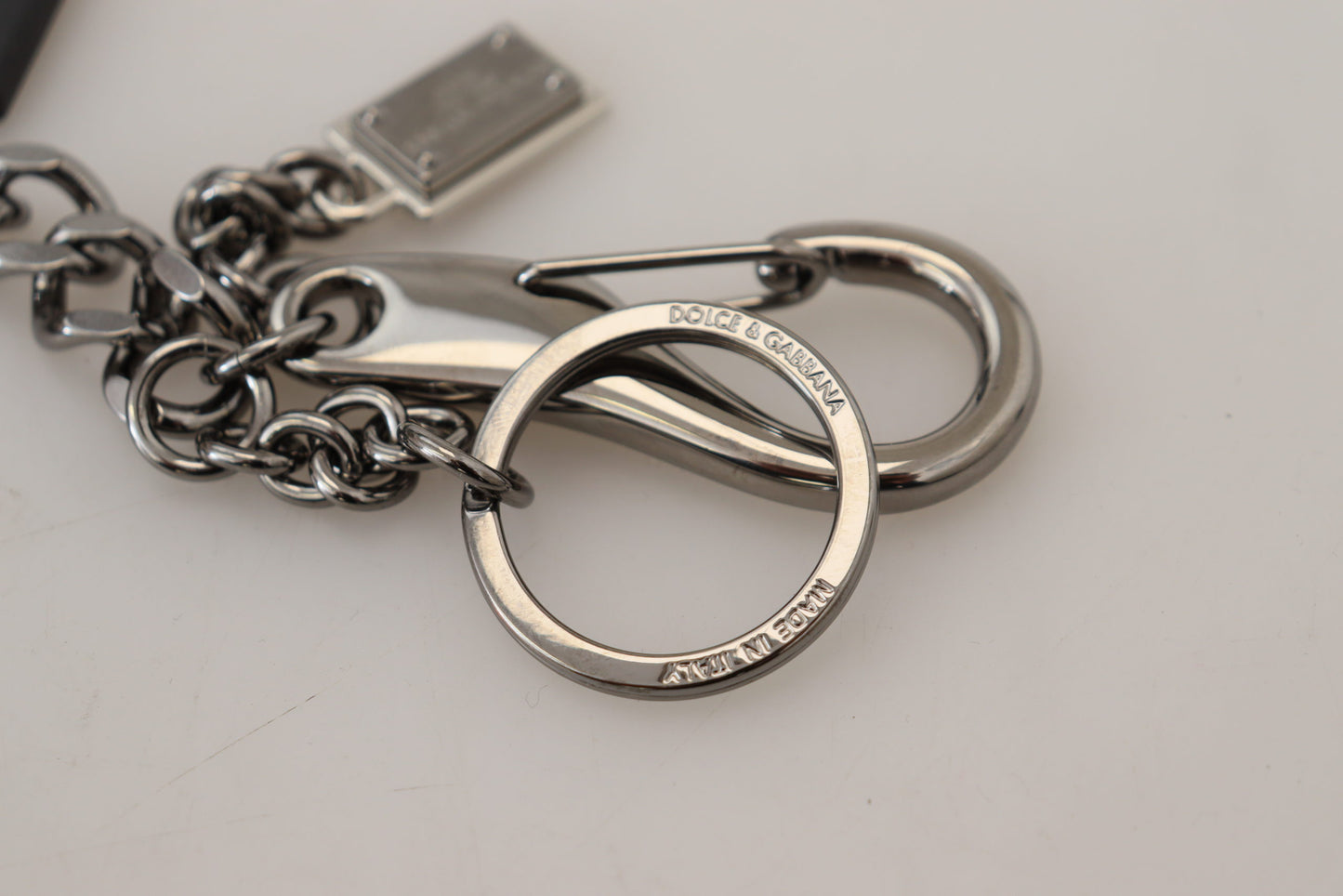 Dolce &amp; Gabbana Black Prince Studs Logo Silver Brass Keychain