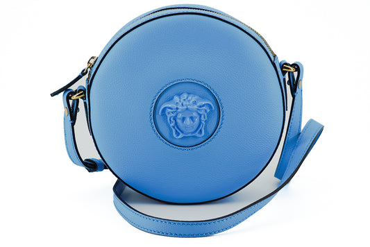 Versace Chic, runde Umhängetasche aus blauem Leder