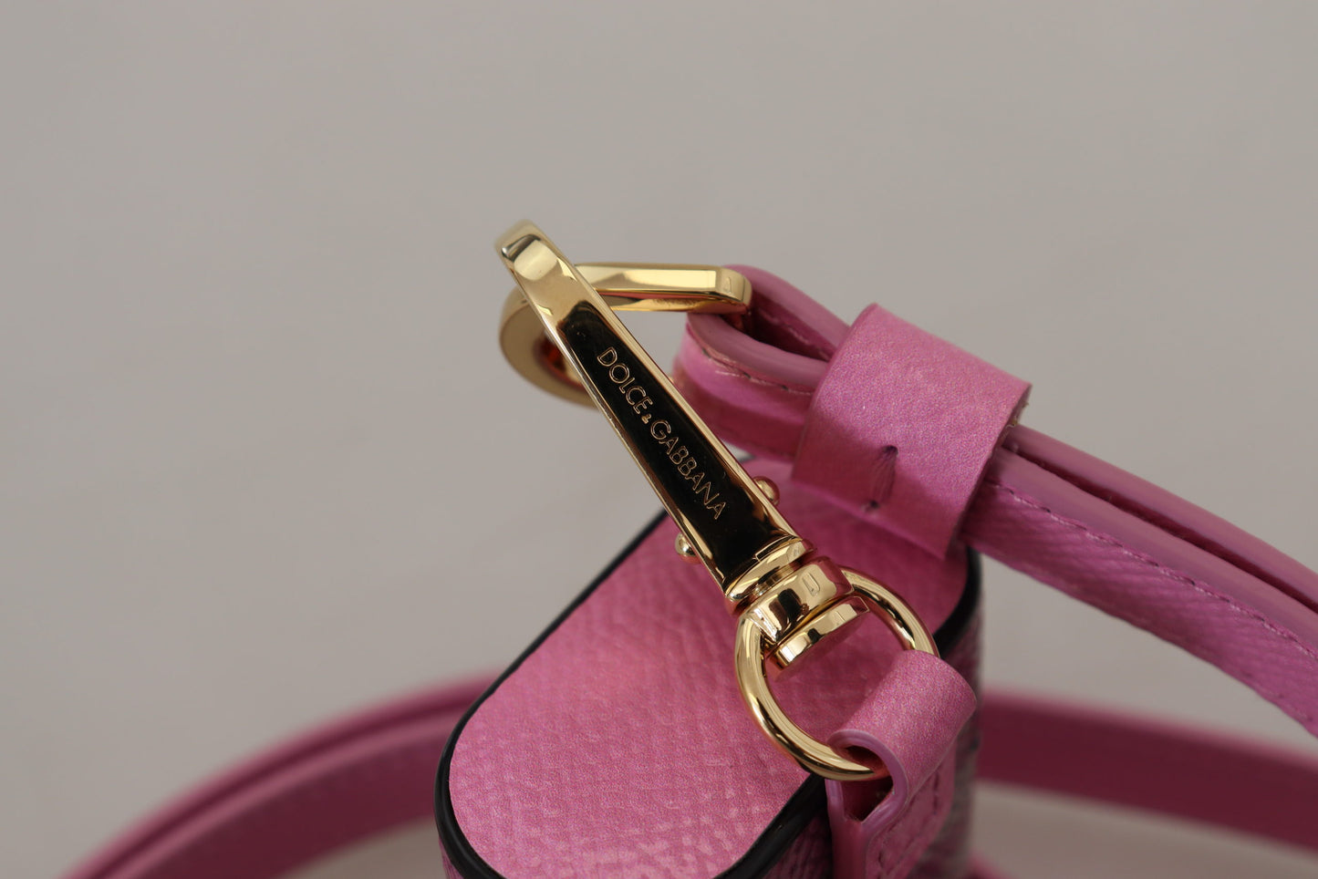 Dolce &amp; Gabbana Pink Black Leather Strap Gold Metal Logo Airpods Case