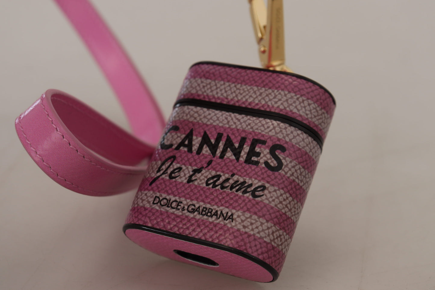 Dolce &amp; Gabbana Pink Black Leather Strap Gold Metal Logo Airpods Case