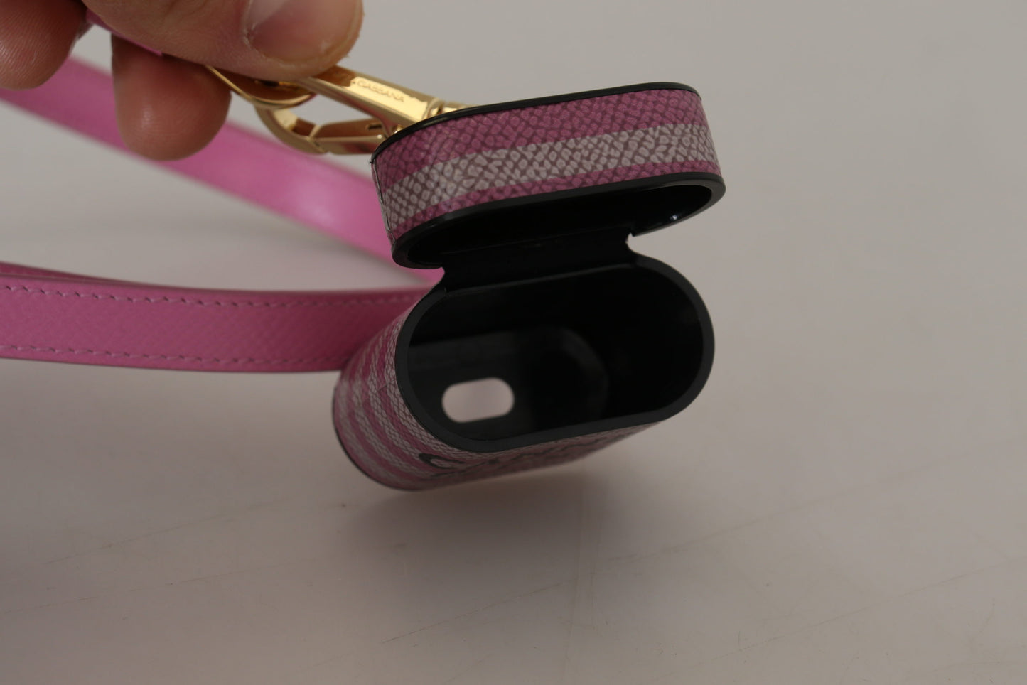 Dolce &amp; Gabbana Pink Black Leather Strap Gold Metal Logo Airpods Case