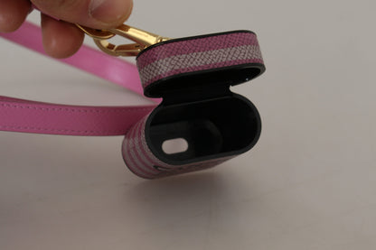 Dolce &amp; Gabbana Pink Black Leather Strap Gold Metal Logo Airpods Case