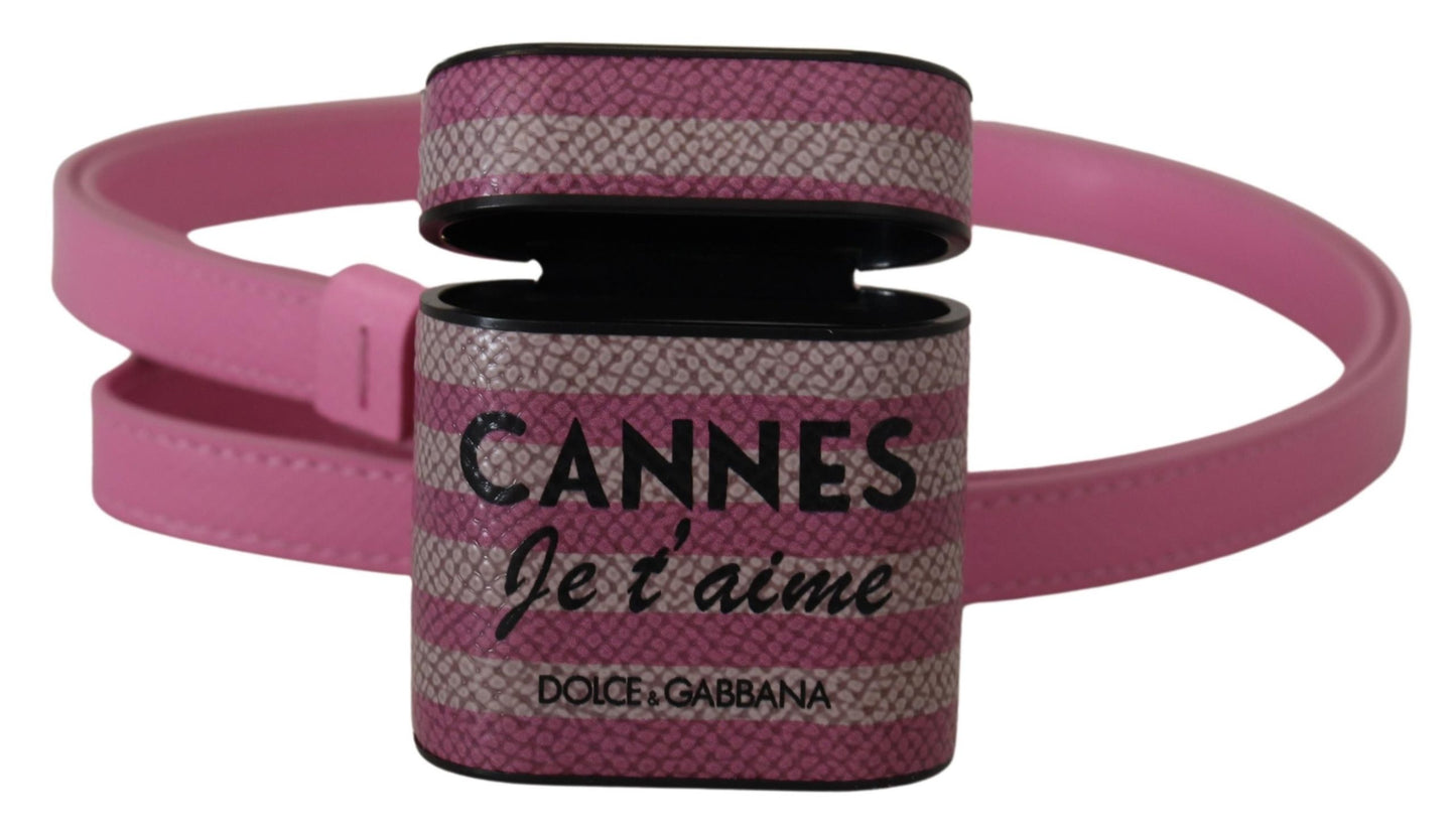 Dolce &amp; Gabbana Pink Black Leather Strap Gold Metal Logo Airpods Case