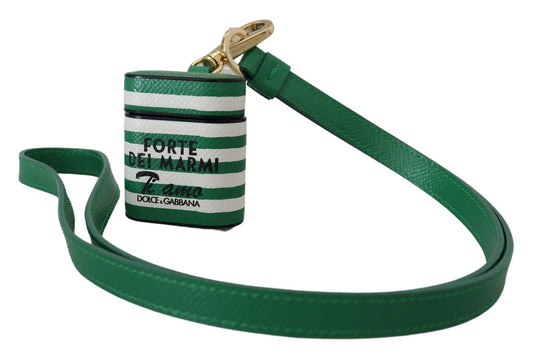 Dolce &amp; Gabbana Green Leather Strap Gold Metal Logo Airpods Case