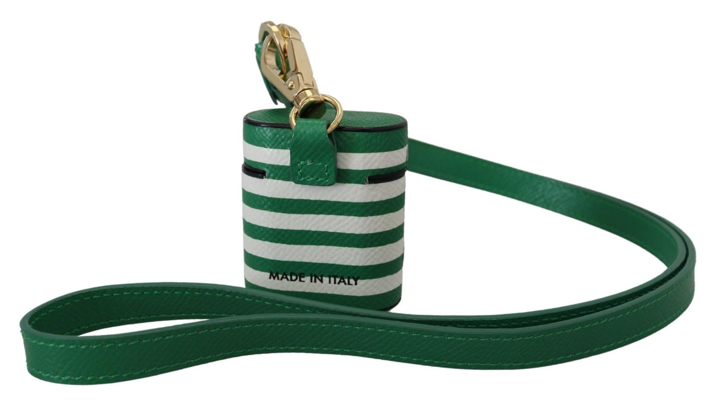 Dolce &amp; Gabbana Green Leather Strap Gold Metal Logo Airpods Case