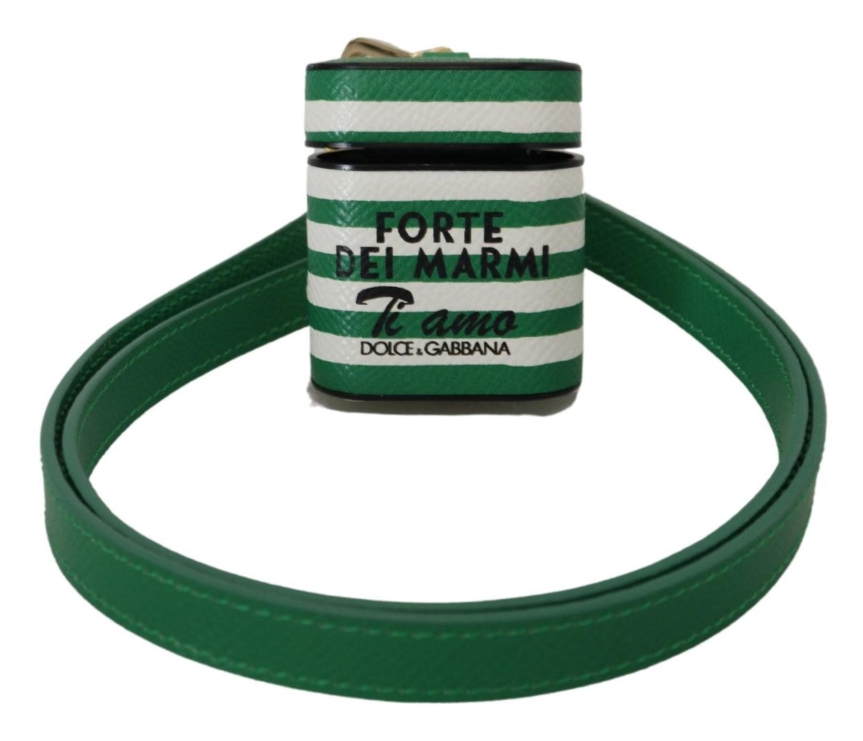 Dolce &amp; Gabbana Green Leather Strap Gold Metal Logo Airpods Case