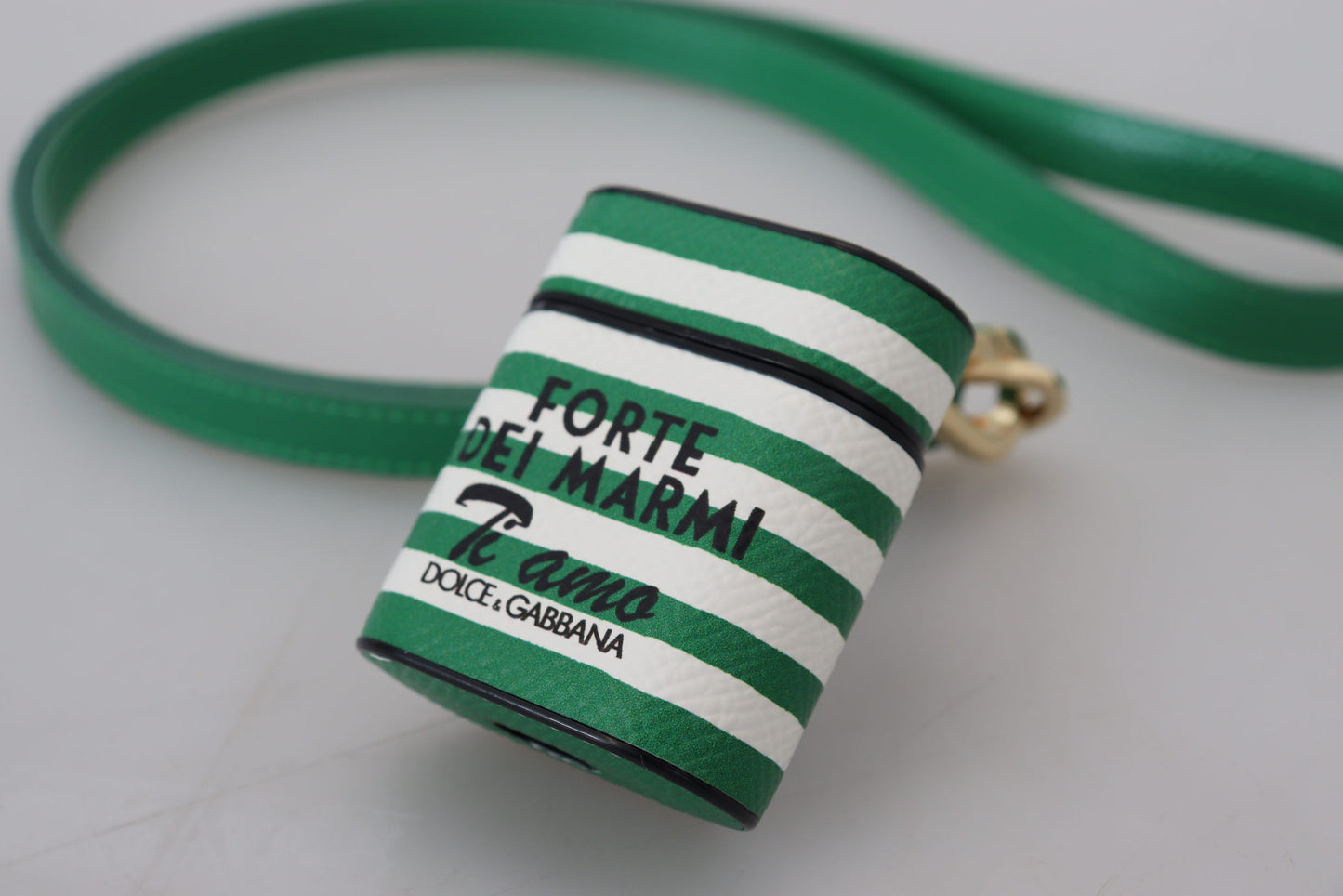 Dolce &amp; Gabbana Green Leather Strap Gold Metal Logo Airpods Case