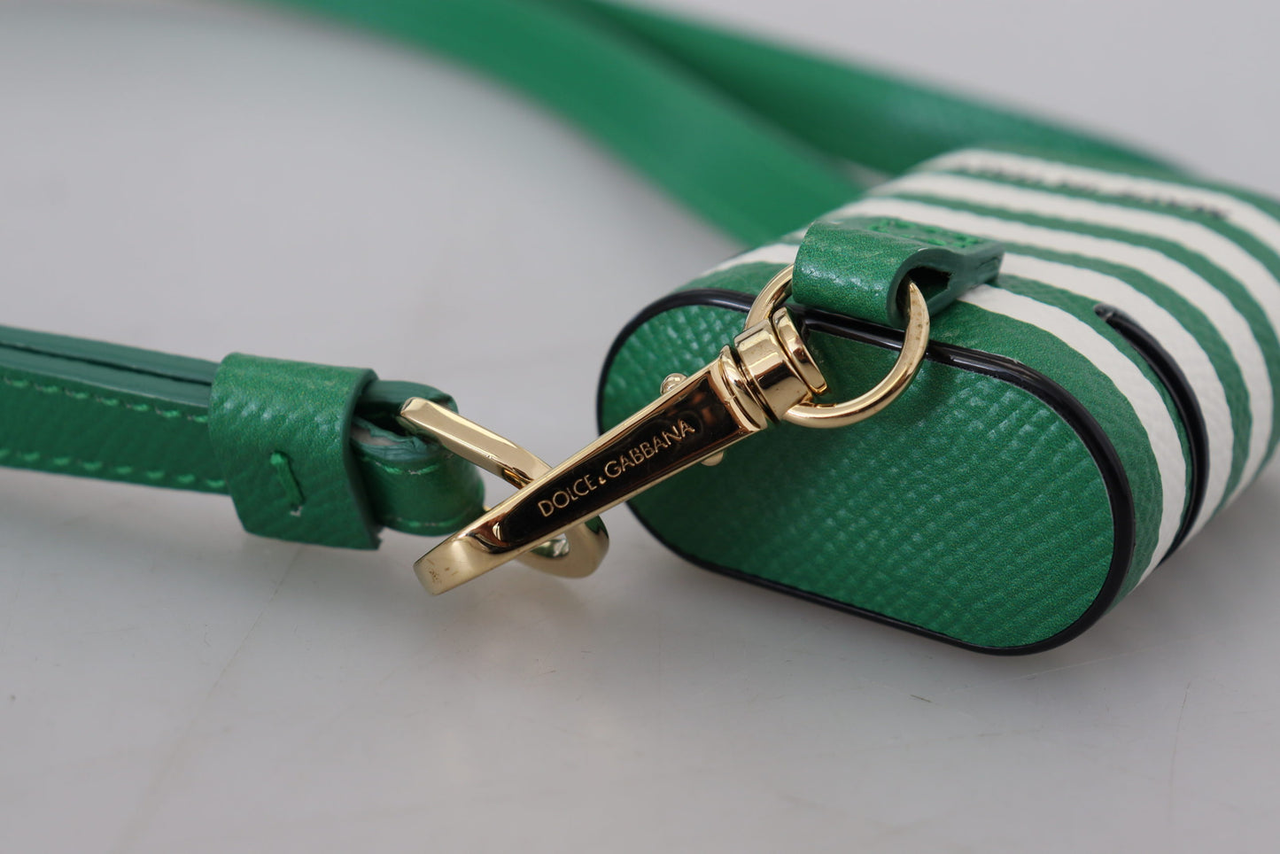 Dolce &amp; Gabbana Green Leather Strap Gold Metal Logo Airpods Case