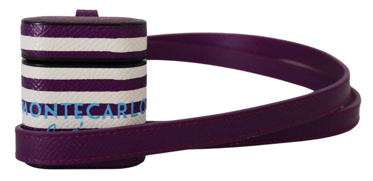 Dolce &amp; Gabbana Purple Leather Strap Gold Metal Logo Airpods Case