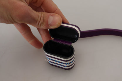 Dolce &amp; Gabbana Purple Leather Strap Gold Metal Logo Airpods Case
