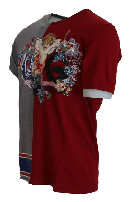 Dolce &amp; Gabbana Rot-Graues T-Shirt mit Rundhalsausschnitt „Two Model DG Angel“