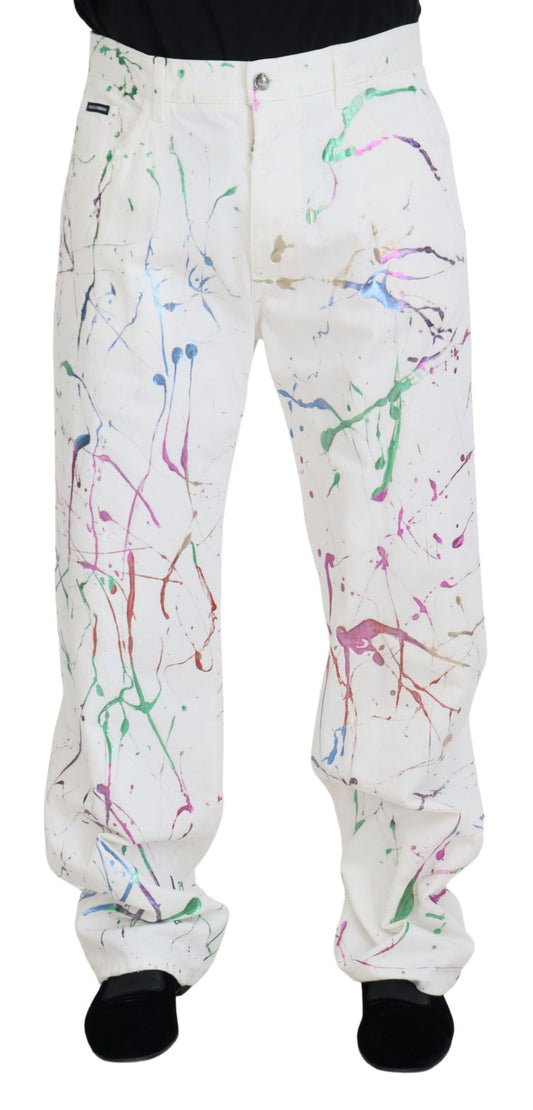 Dolce &amp; Gabbana – Weiße Jeanshose aus Baumwolle mit Farbspritzer-Print