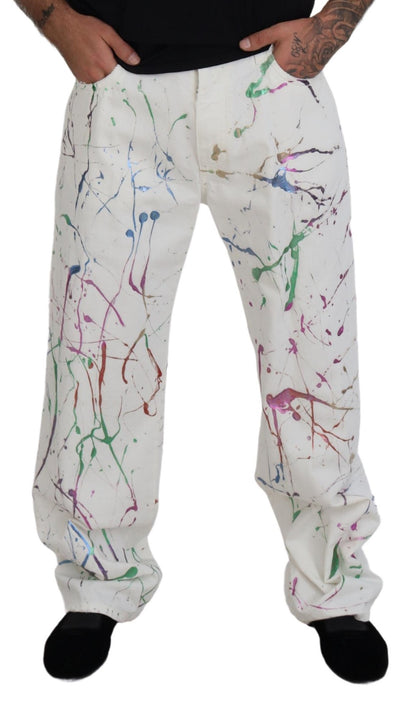 Dolce &amp; Gabbana – Weiße Jeanshose aus Baumwolle mit Farbspritzer-Print