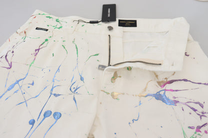 Dolce &amp; Gabbana – Weiße Jeanshose aus Baumwolle mit Farbspritzer-Print