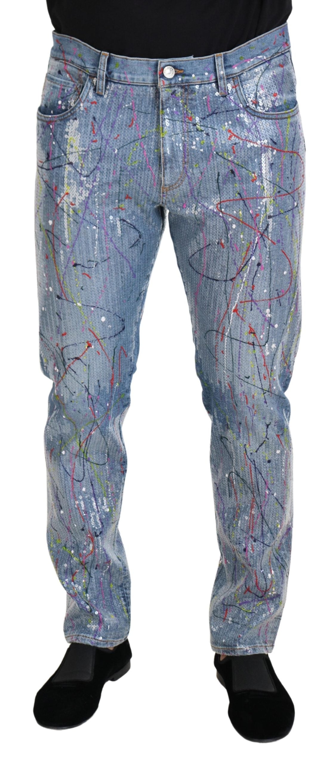 Dolce &amp; Gabbana – Blaue Jeans aus Baumwoll-Denim mit Farbspritzer-Print