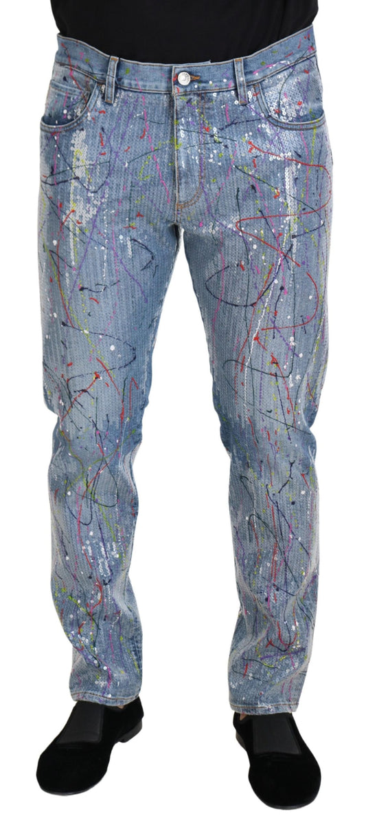 Dolce &amp; Gabbana – Blaue Jeans aus Baumwoll-Denim mit Farbspritzer-Print