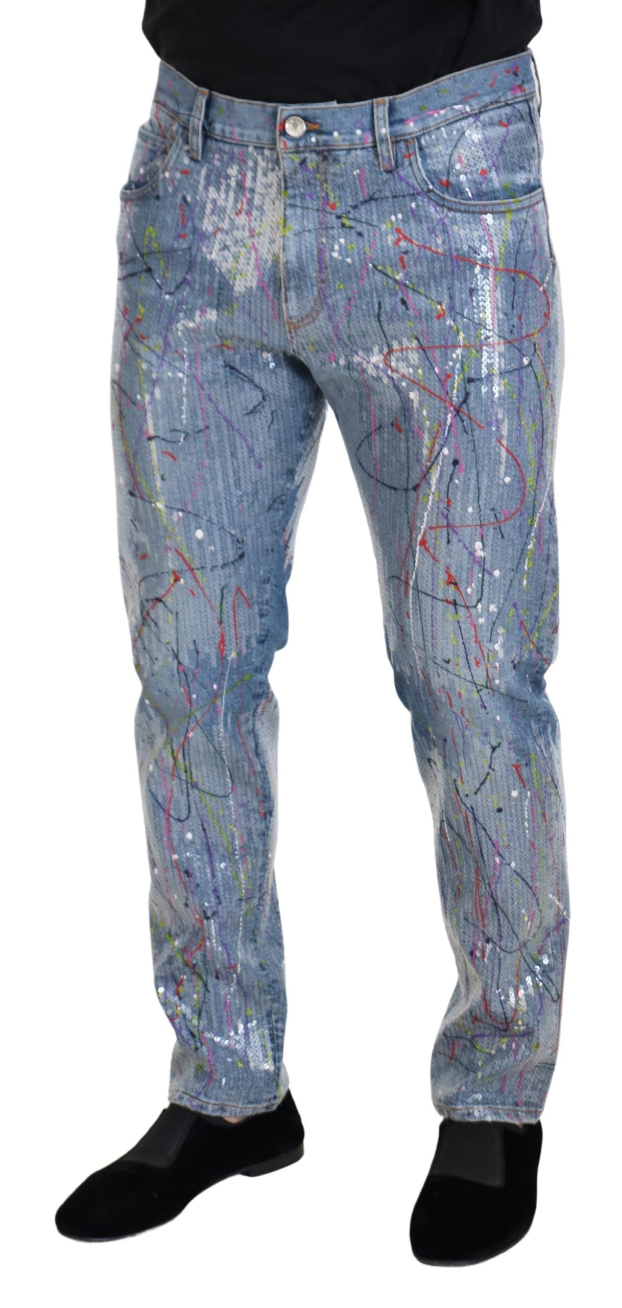 Dolce &amp; Gabbana – Blaue Jeans aus Baumwoll-Denim mit Farbspritzer-Print