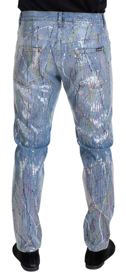 Dolce &amp; Gabbana – Blaue Jeans aus Baumwoll-Denim mit Farbspritzer-Print