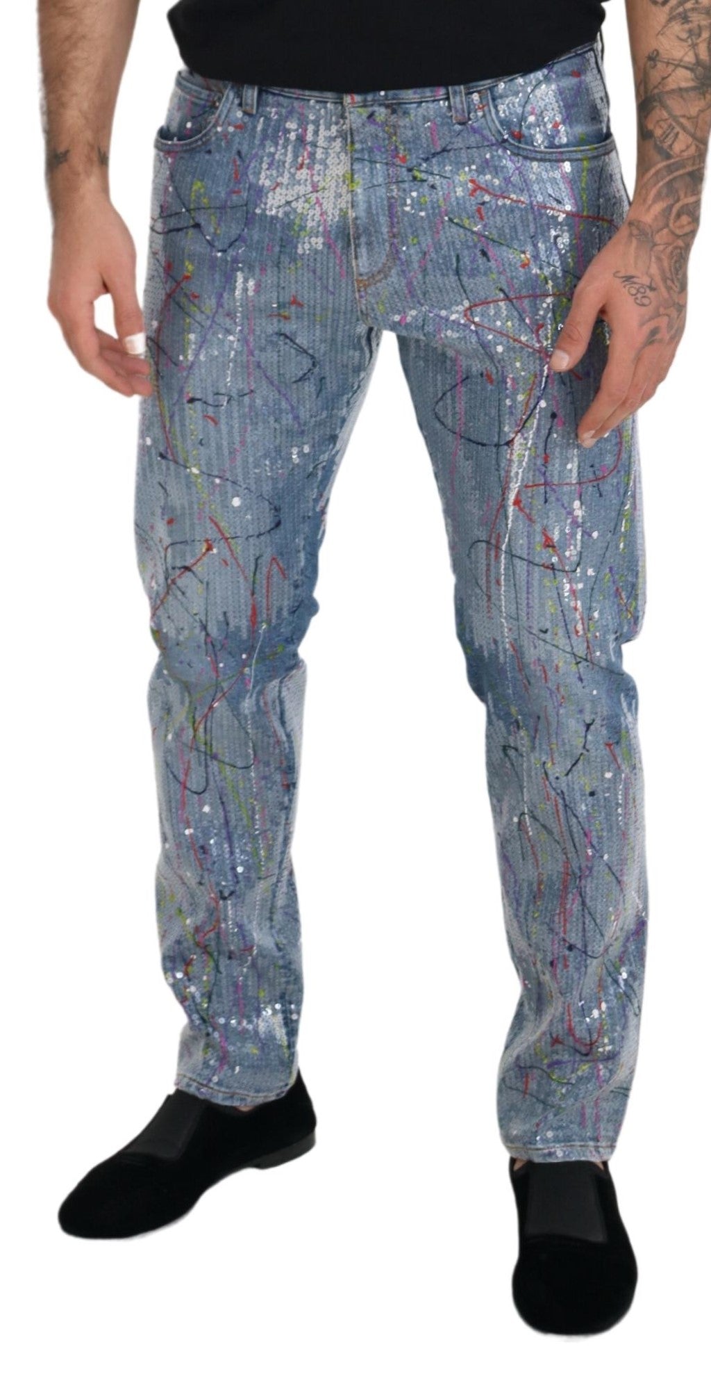 Dolce &amp; Gabbana – Blaue Jeans aus Baumwoll-Denim mit Farbspritzer-Print