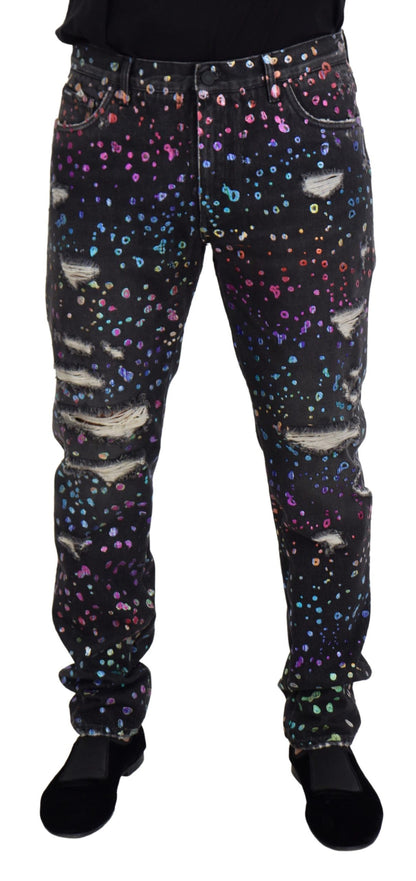 Dolce &amp; Gabbana – Schwarze, zerfetzte Jeans aus Denim mit mehrfarbigem Print
