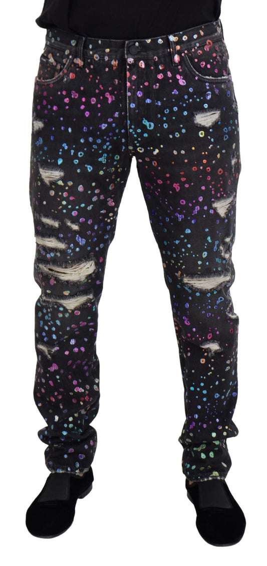 Dolce &amp; Gabbana – Schwarze, zerfetzte Jeans aus Denim mit mehrfarbigem Print