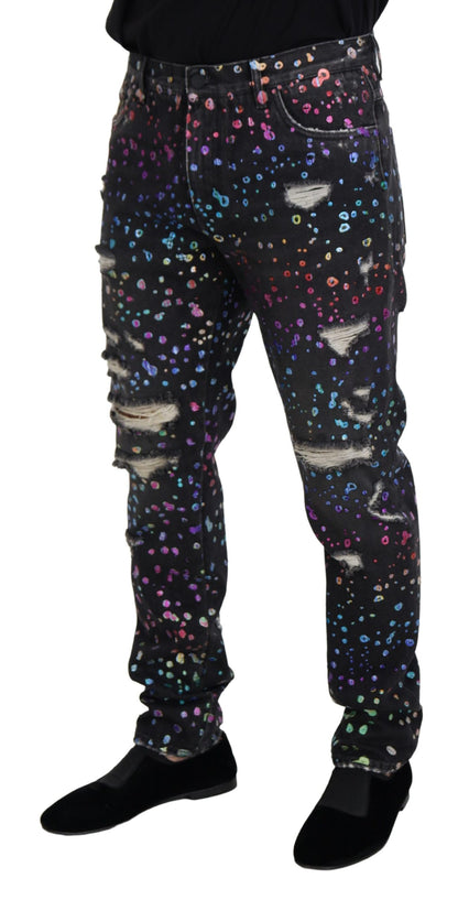 Dolce &amp; Gabbana – Schwarze, zerfetzte Jeans aus Denim mit mehrfarbigem Print