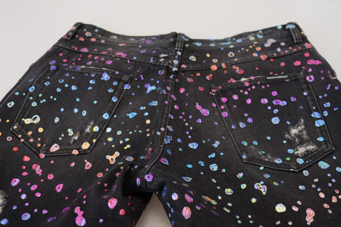 Dolce &amp; Gabbana – Schwarze, zerfetzte Jeans aus Denim mit mehrfarbigem Print