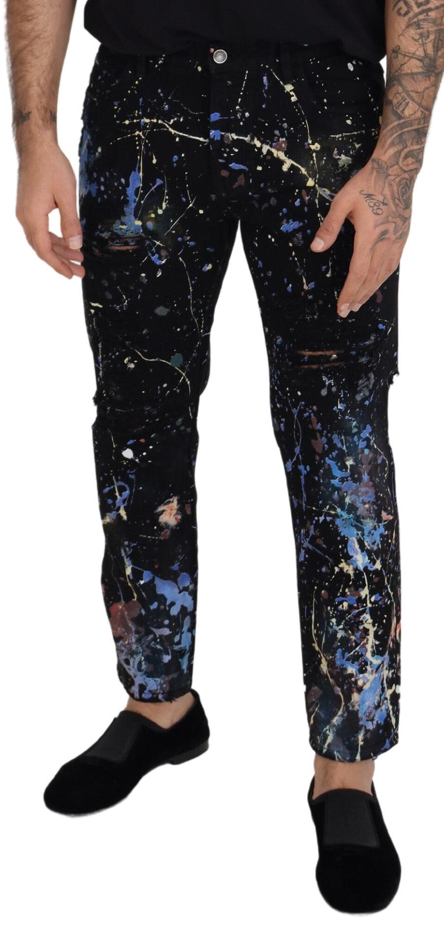 Dolce &amp; Gabbana – Schwarze Jeans aus Baumwoll-Denim mit Farbspritzer-Print