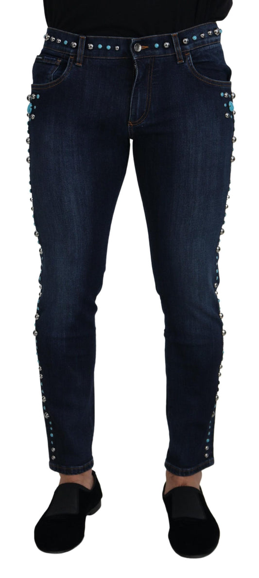 Dolce &amp; Gabbana – Blaue Jeans aus Baumwolle mit Nieten und niedriger Taille