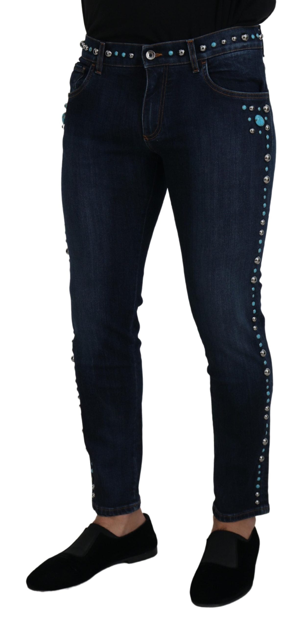 Dolce &amp; Gabbana – Blaue Jeans aus Baumwolle mit Nieten und niedriger Taille