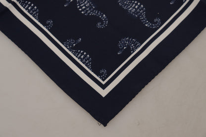Dolce &amp; Gabbana Blauer quadratischer Taschentuchschal mit Seepferdchen-DG-Aufdruck