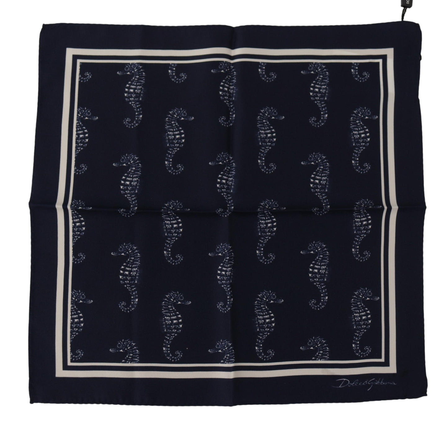 Dolce &amp; Gabbana Blauer quadratischer Taschentuchschal mit Seepferdchen-DG-Aufdruck