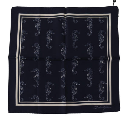 Dolce &amp; Gabbana Blauer quadratischer Taschentuchschal mit Seepferdchen-DG-Aufdruck