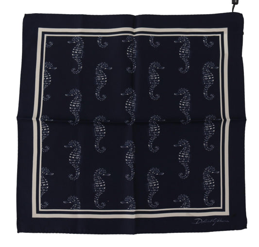 Dolce &amp; Gabbana Blauer quadratischer Taschentuchschal mit Seepferdchen-DG-Aufdruck