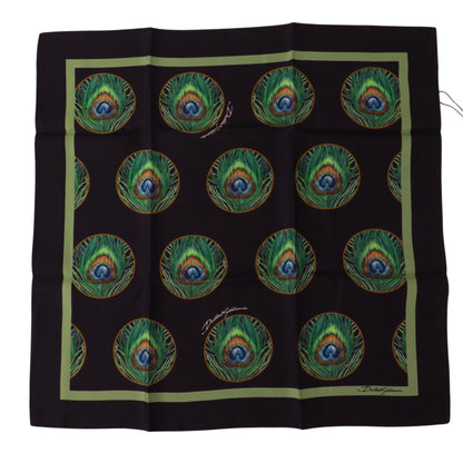 Dolce &amp; Gabbana – Schwarzer, quadratischer Taschentuchschal mit Pfauenfeder-DG-Print