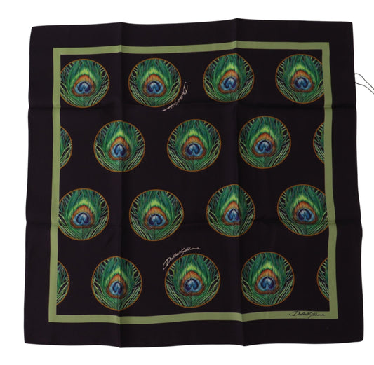 Dolce &amp; Gabbana – Schwarzer, quadratischer Taschentuchschal mit Pfauenfeder-DG-Print