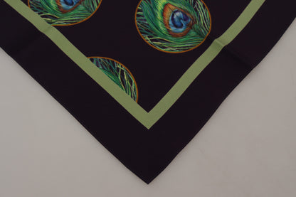 Dolce &amp; Gabbana – Schwarzer, quadratischer Taschentuchschal mit Pfauenfeder-DG-Print