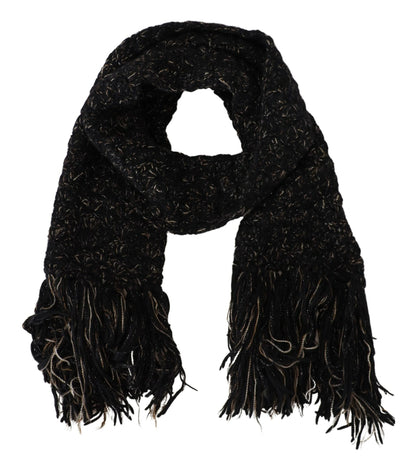 Dolce &amp; Gabbana – Schwarzer, gestrickter Foulard-Wickelschal aus Wolle mit Fransen