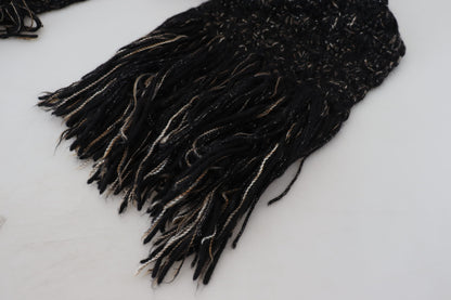 Dolce &amp; Gabbana – Schwarzer, gestrickter Foulard-Wickelschal aus Wolle mit Fransen