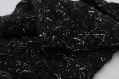 Dolce &amp; Gabbana – Schwarzer, gestrickter Foulard-Wickelschal aus Wolle mit Fransen