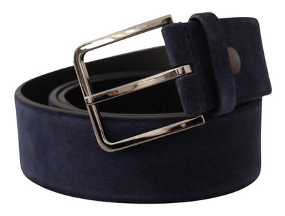 Dolce &amp; Gabbana Marineblauer Samtledergürtel mit silberner Logoschnalle